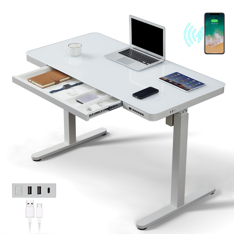 Almena Glass Top Standing Desk with Drawers & Wireless Charging, White