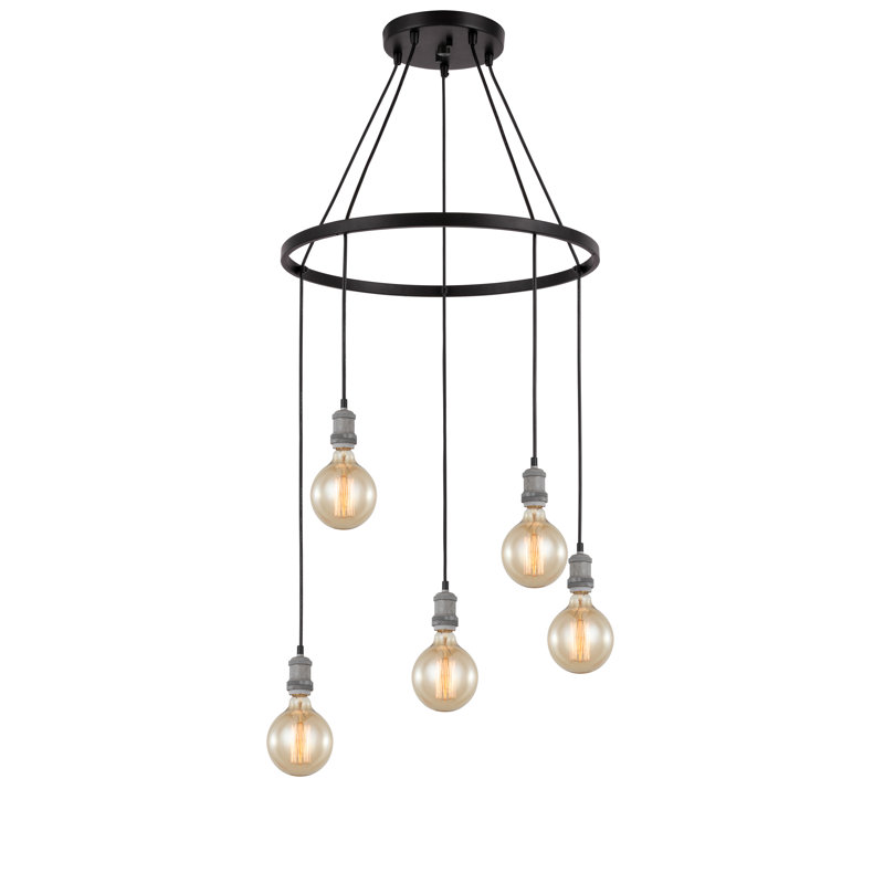 Lustre à 5 lumières avec détails en bois Pinnix, Gris peint / Bronze
