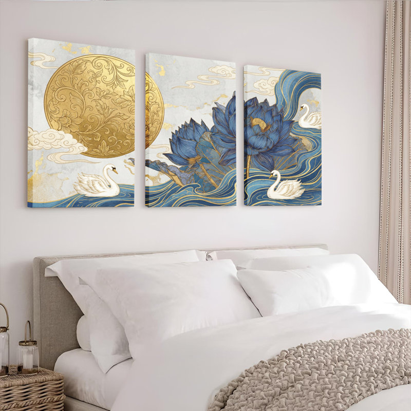 Ensemble de 3 tableaux sur toile tendue « Lune dorée et lotus bleu avec cygnes »., 1624