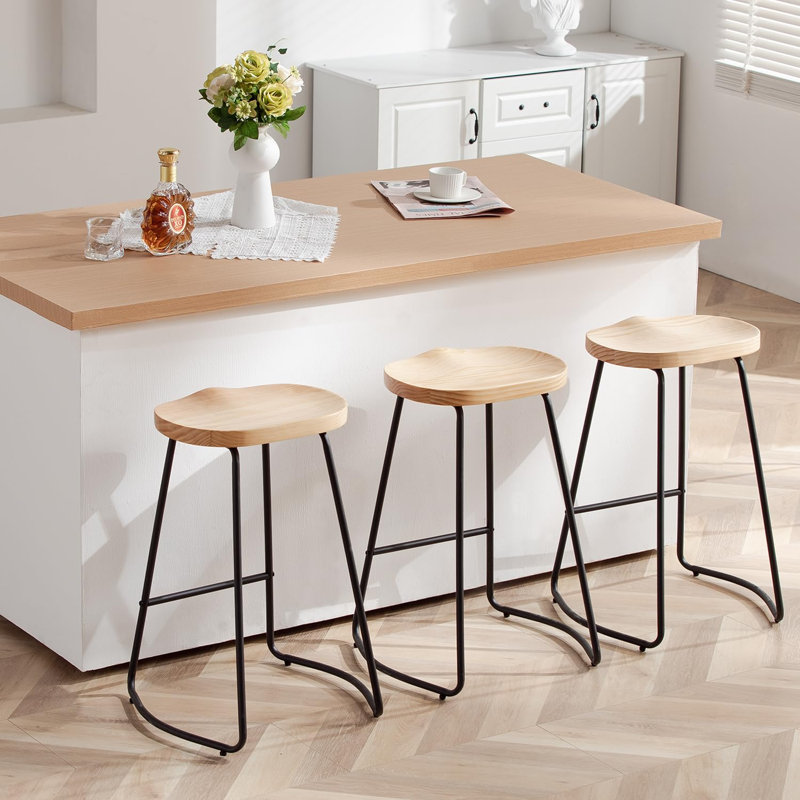 llle Solid Wood Backless Saddle Seat with Footrest Stool Set, Counter Stool (26" Seat Height), 3, Burlywood/Black