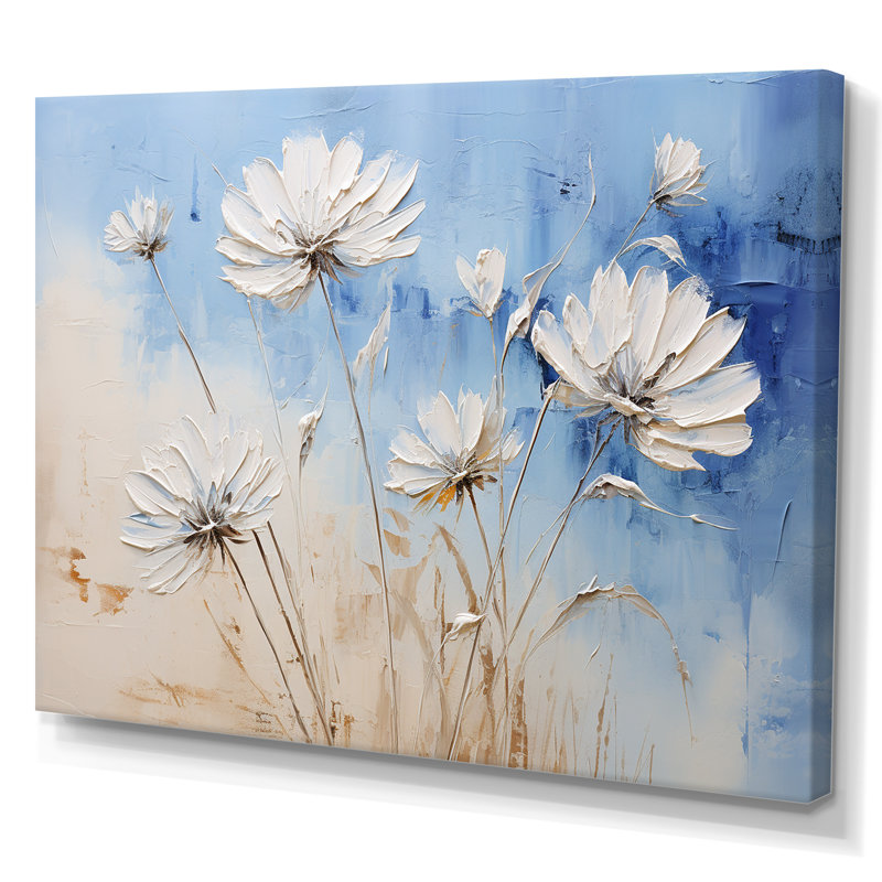 «Minimal Beige and Blue Cornflowers Expression I», impressions d'art mural, Toile tendue, H 16 po x l 32 po x P 1 po