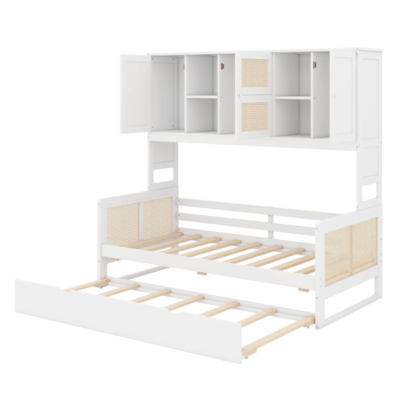 Lit de jour en bois avec couchette coulissante et armoire intégrée, Lit simple, Blanc