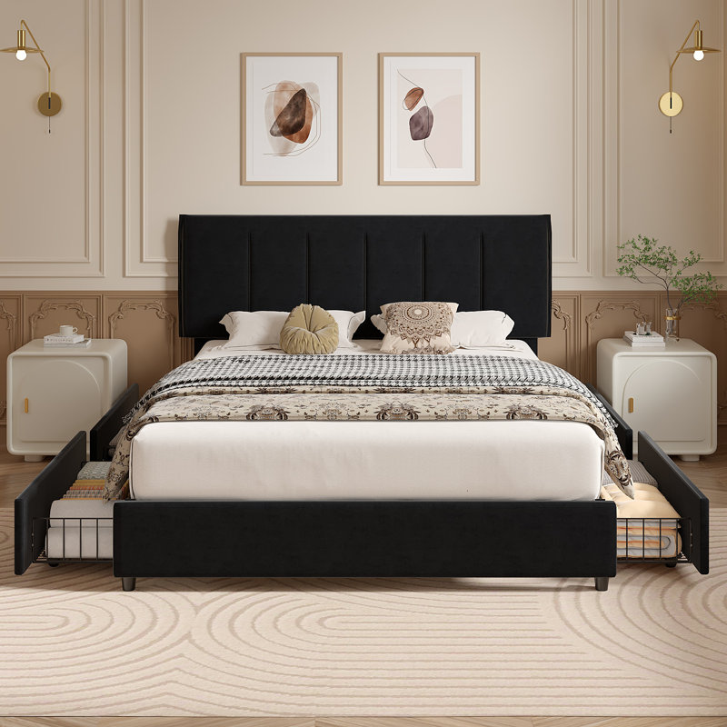  Cahlin Queen Storage Bed Frame Velvet Upholstered Platform Bed with 4 Storage Drawer, Adjustable Headboard and Wood Slat Support, Black