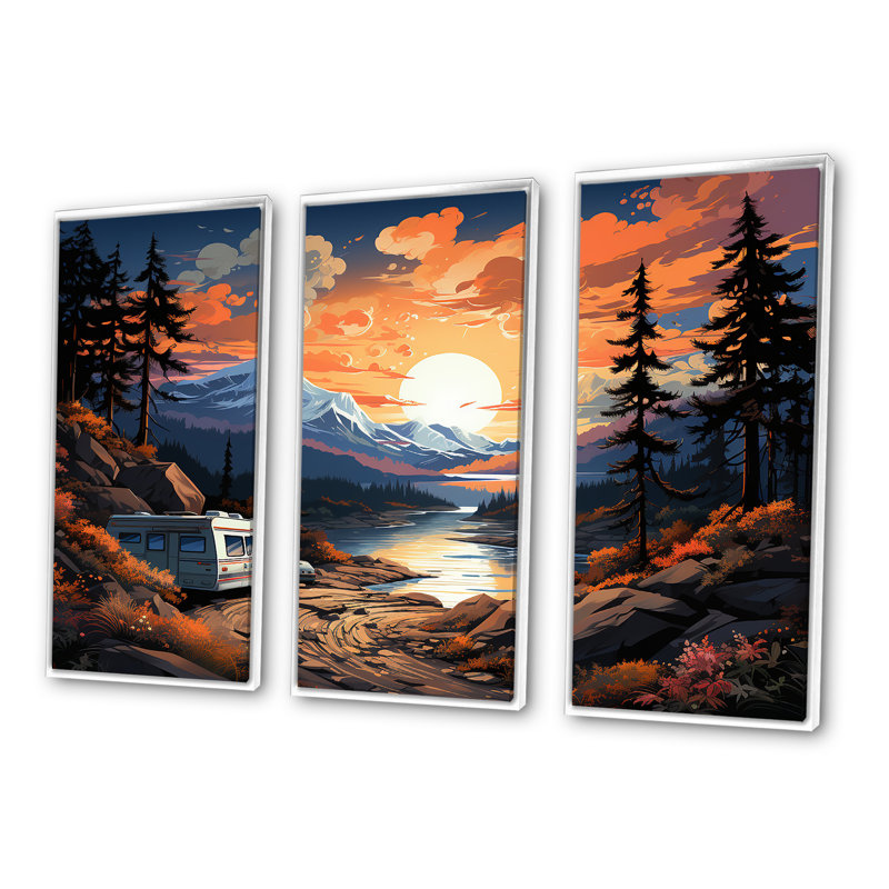 «Camping Van Charm At Sunset», ensemble d'art mural sur toile, H 28 po x l 36 po x P 1 po, Cadre flottant blanc