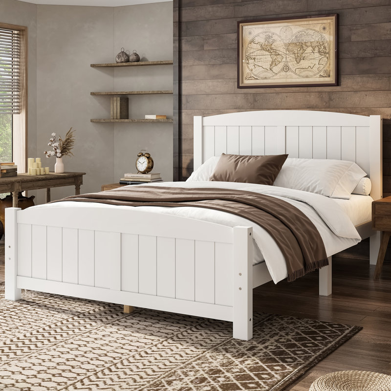 Full Size Solid Wood Platform Bed With Support Slats, Strong Structure, No Box Spring Needed, White Finish, Light White, Full