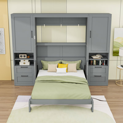 Queen Wooden Murphy Bed Wall Bed with Drawers, Shelves and Slats