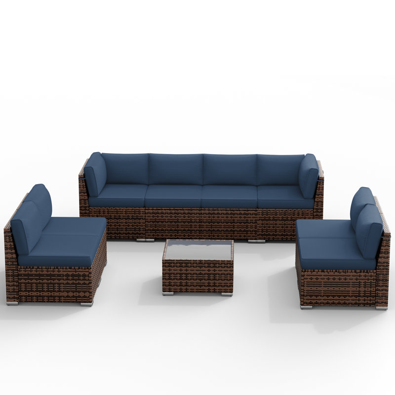 Avamay Rattan Sectional Seating Group with Cushions, Navy Blue Performance Microfiber, No