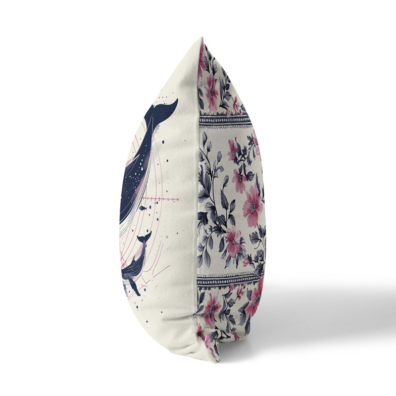 Coussin Whale and Petals Tales, H 18 po x l 18 po, Bleu / Rose