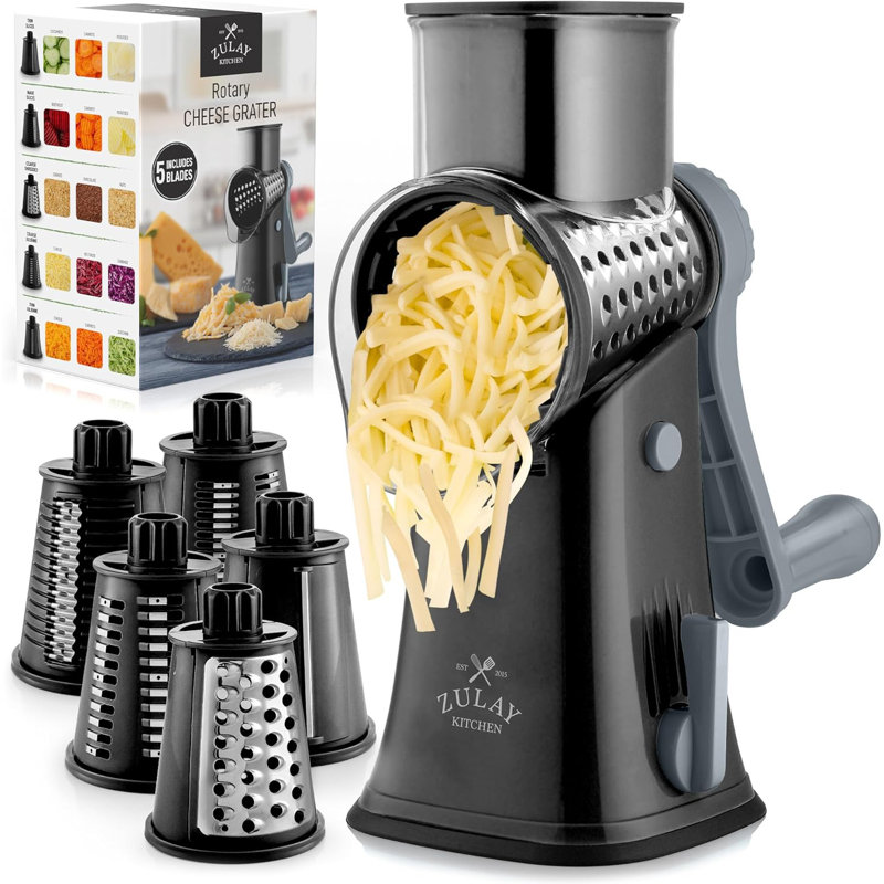 Zulay Kitchen Rotary Cheese Grater with 5 Stainless Steel Blades and Suction Base, Gray