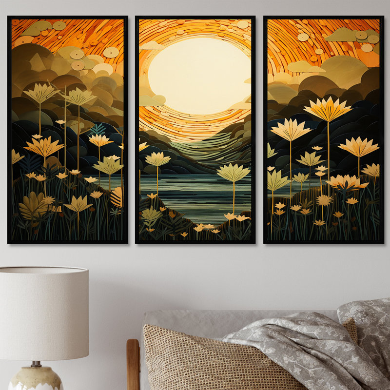 «Spring Flowers Full Moon Lake - Wildflowers», ensemble d'art mural, Cadre flottant noir, H 40 po x l 60 po x P 1 po