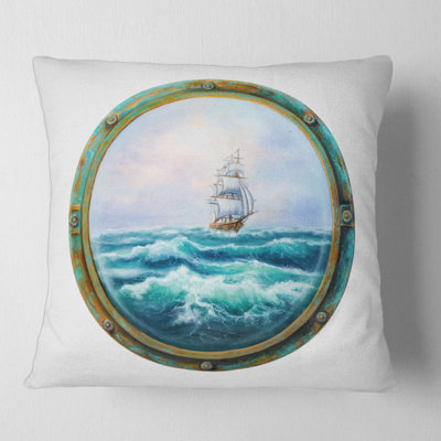 Cabin Window Showing Ship in Stormy Ocean Square Pillow Cover & Insert