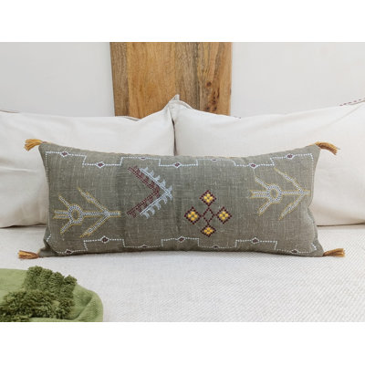 Housse de coussin lombaire en lin brodé vert foncé