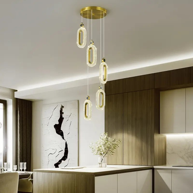 Luminaire suspendu moderne à 5 lumières dorées pour îlot de cuisine à DEL à intensité variable, H 59 po x l 12 po x P 12 po