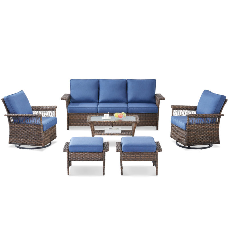 Ensemble de conversation d'extérieur pour 5 personnes avec coussins Sherinda, Bleu