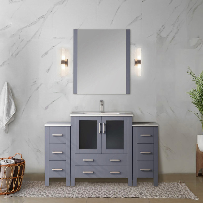 Meuble-lavabo simple 54 po Large gris foncé avec armoires latérales, plateau en céramique blanche, structure en bois massif, tiroir à fermeture en douceur, une armoire intérieure pour le rangement, surface pour teinture et égratignure, pré-percé