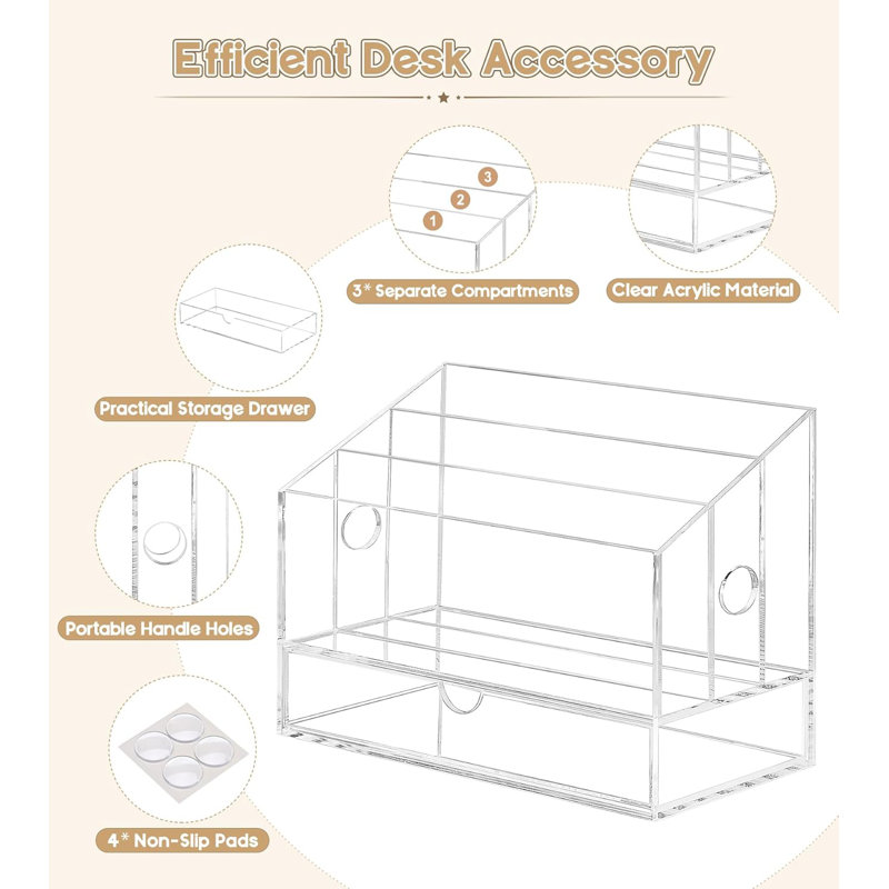 Organisateur de bureau en acrylique transparent avec classeur à 3 compartiments