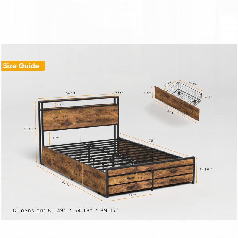 Lit de rangement avec 8 tiroirs de rangement, tête de lit à DEL avec station de charge, Double