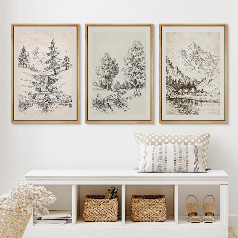 «Vintage Countryside Forest Mountain River Nature Landscape», art mural sur toile 3 pièces, H 36 po x l 24 po x P 1,5 po