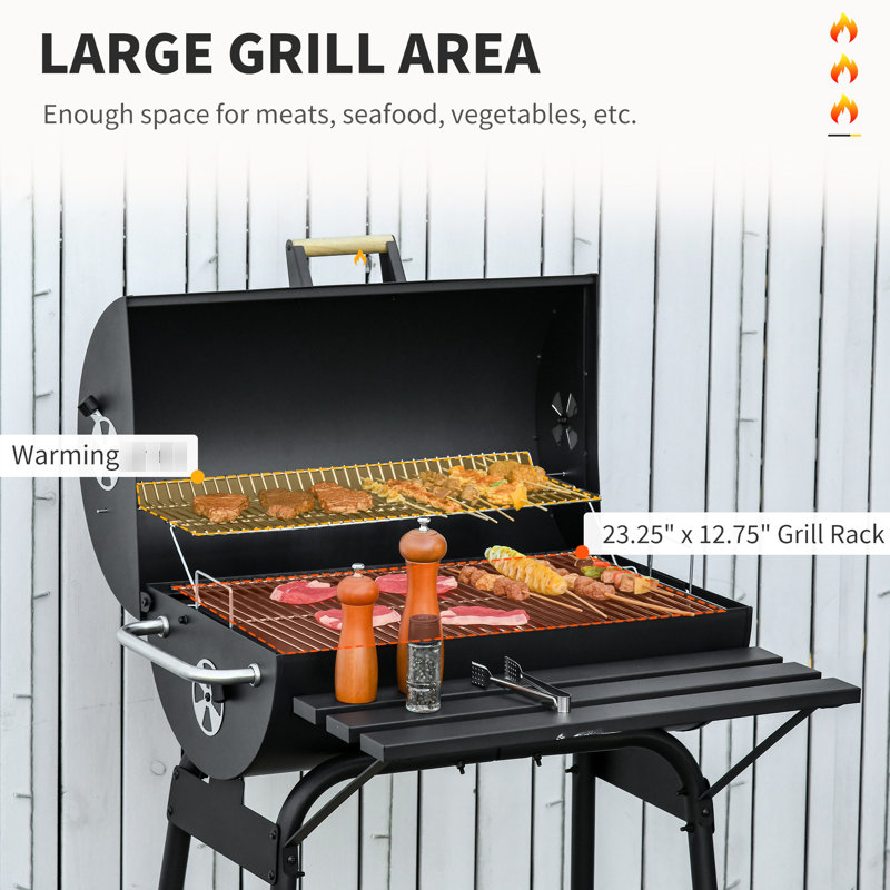 Barbecue portatif au charbon 30 po - Barbecue extérieur en acier avec tablette de rangement noir et roulettes pour le camping