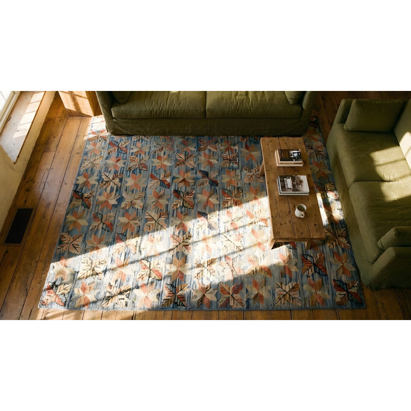 Antique Allover Floral Wool & Cotton Hooked - Loop Pile Blue 1890s Rug