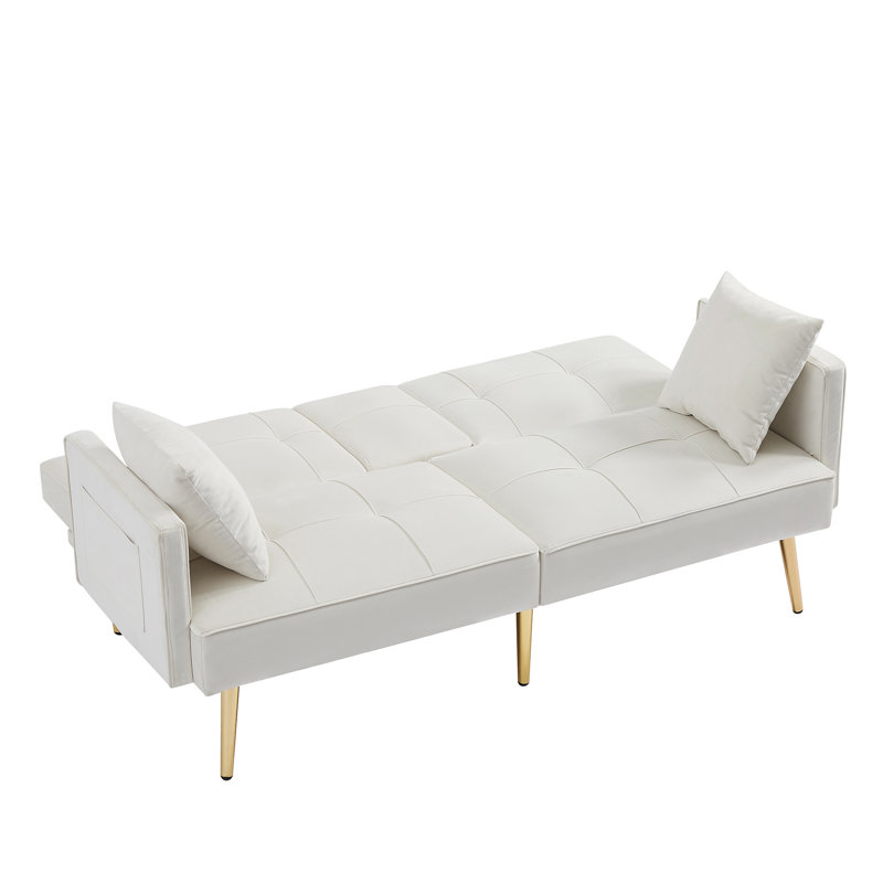 Pink Velvet Futon Sofa Bed With Gold Metal Legs, Cream White