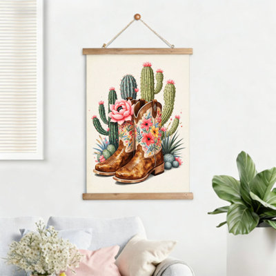 Bottes de cowboy florales avec cactus, art mural à volutes suspendues, cintre en bois intégré, l 16 x L 24