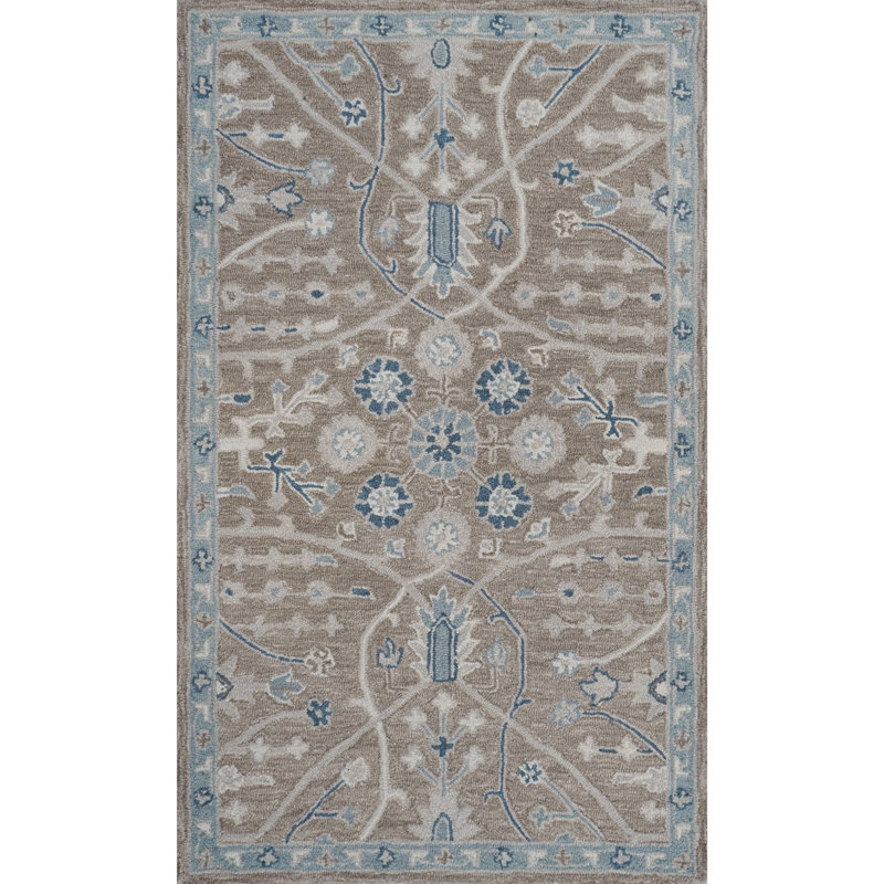 Wren Hand Tufted Wool Floral/Oriental Area Rug in Timber/Beige/Blue, Rectangle 3' x 5'