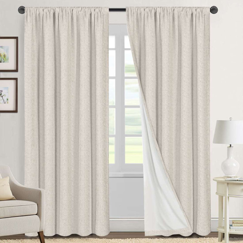Linen Look 100% Blackout Curtains for Bedroom Full Light Blocking Rod Pocket 42 Inches Wide Linen Textured Thick Window Curtain Drapes with Backing