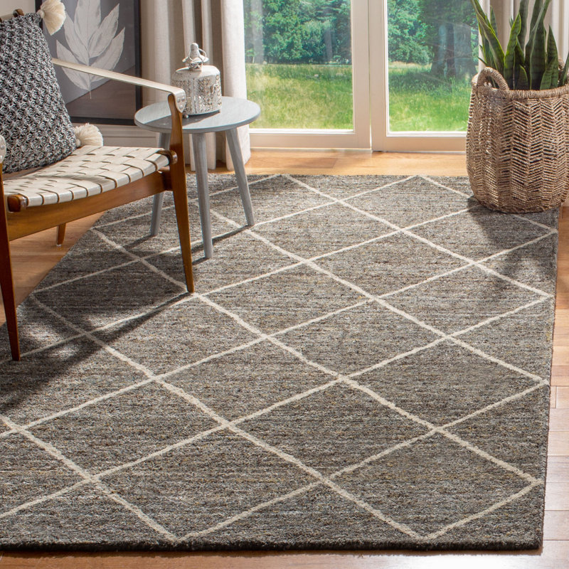 Tapis gris / olive en laine touffeté à la main à motif géométrique Jerez, Rectangle 5 pi x 8 pi