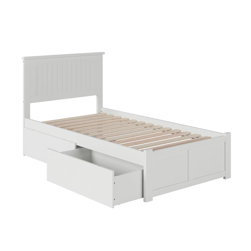 Lit plateforme en bois massif avec pied de lit et tiroirs de rangement Kindig, Blanc, Simple TG