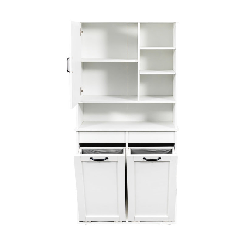 Armoire à linge blanche avec tablettes réglables - portes, tablette, panier inclinable, rangement multiple, entretien facile sur pied, blanc