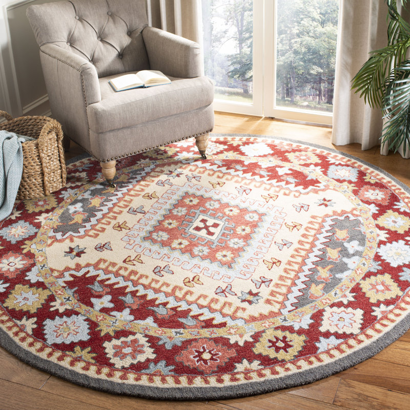 Southwestern Handmade Tufted Cotton/Wool Red/Ivory Area Rug, Round 7'