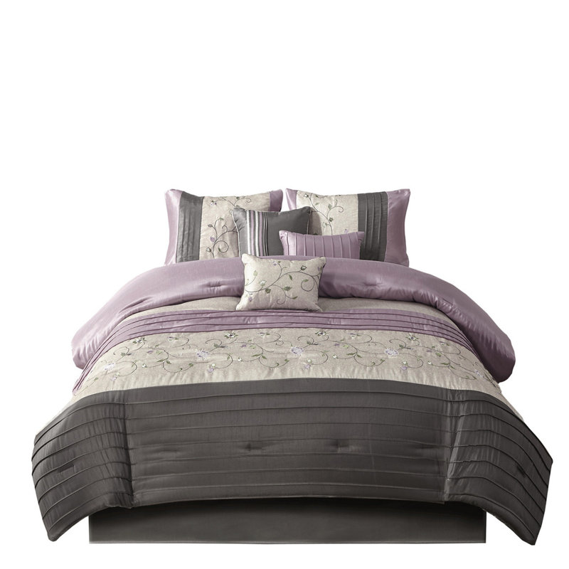 Édredon grand 7 pièces en mauve - Accentuation brodée remplissant 2 taies décoratives, 3 coussins, 1 édredon, jupe de lit ornement décoratif