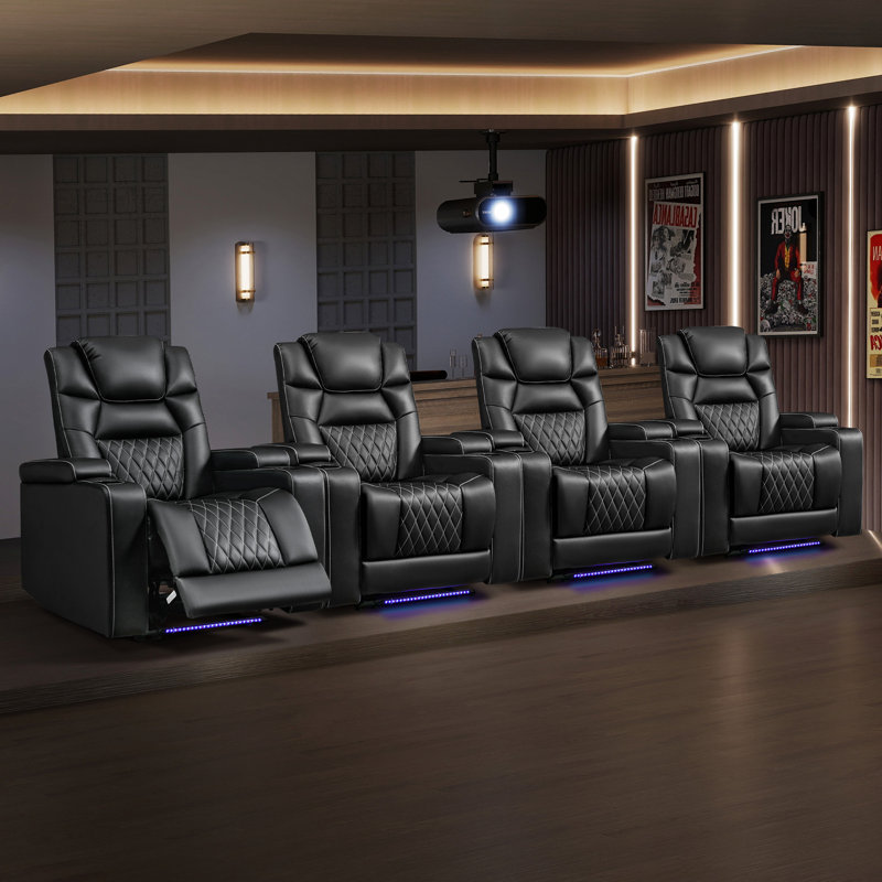 36.2'' Luxury Faux Leather Power Reclining Home Theater Seating With Cupholder, Recliner With USB & LED