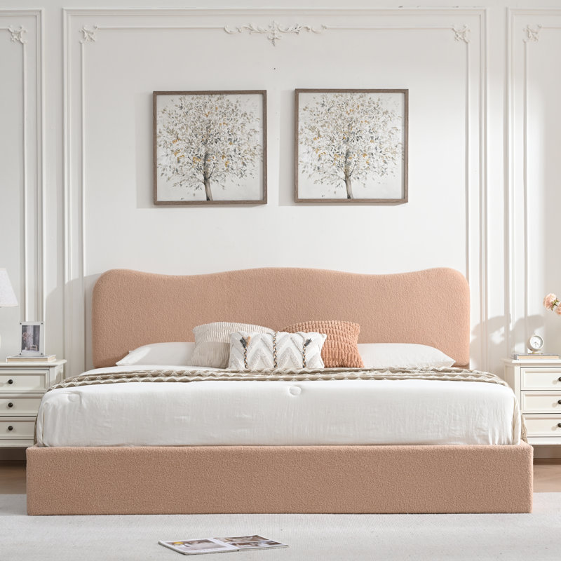 Lit plateforme tapissier Bensu Boucle, Très grand, Rosé
