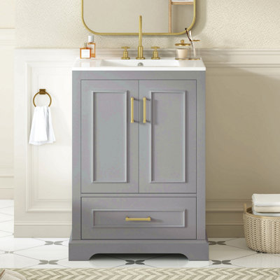 Meuble-lavabo 24 po avec lavabo, armoire en bois aggloméré avec cadre en bois massif, 1 tiroir divisé et 2 portes à fermeture douce avec supports de rangement à deux portes, meuble-lavabo autoportant