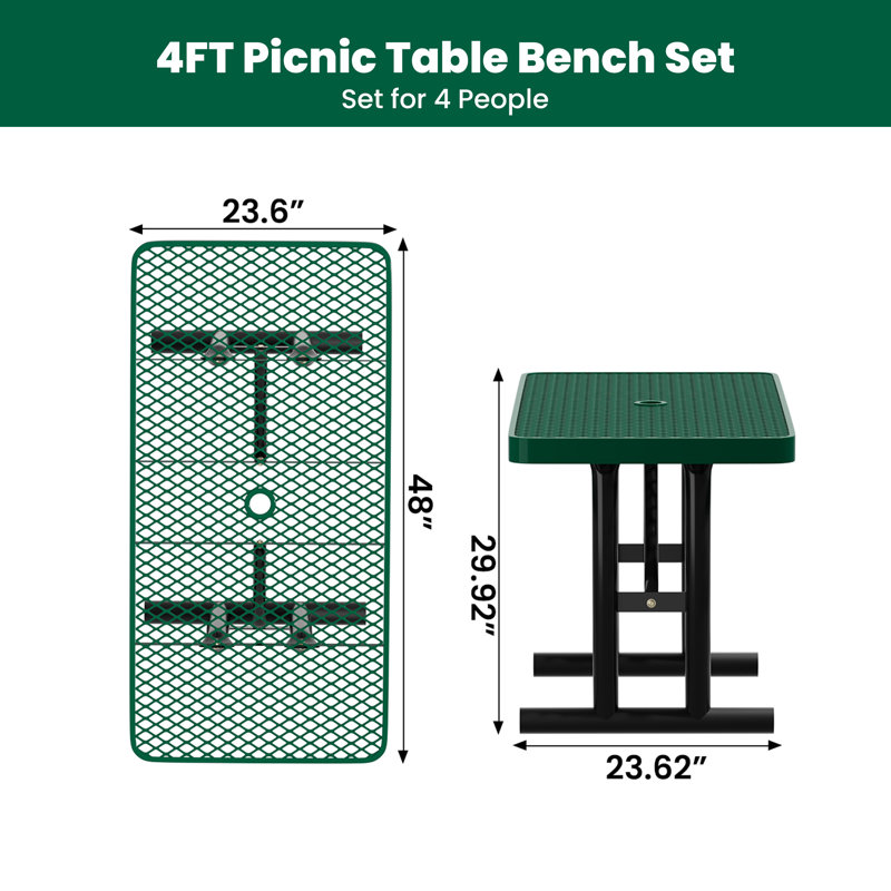 Table de pique-nique d'extérieur enduite de patio, table de salle à manger en métal robuste, 4 pi, Vert