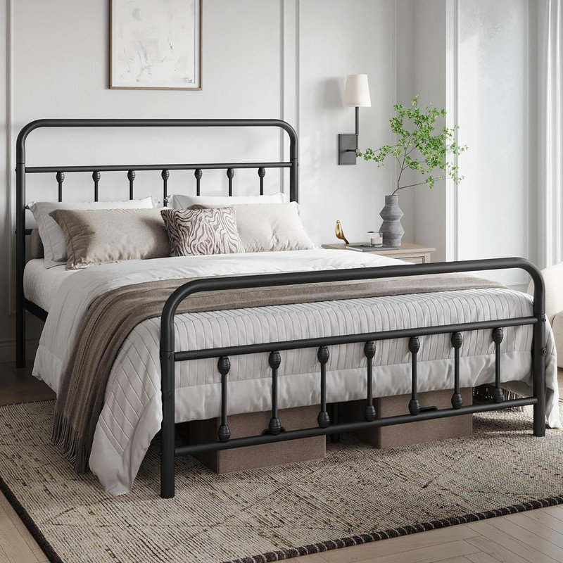 Queen Black Metal Platform Bed Frame with Victorian Headboard