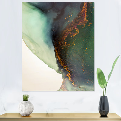 Peinture marbrée verte et dorée - décoration murale moderne en toile
