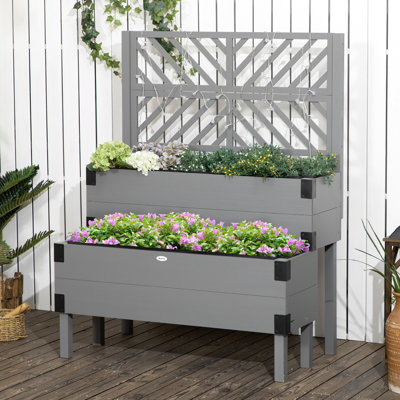 Lit de jardin en bois surélevé avec treillis, gris à 2 niveaux