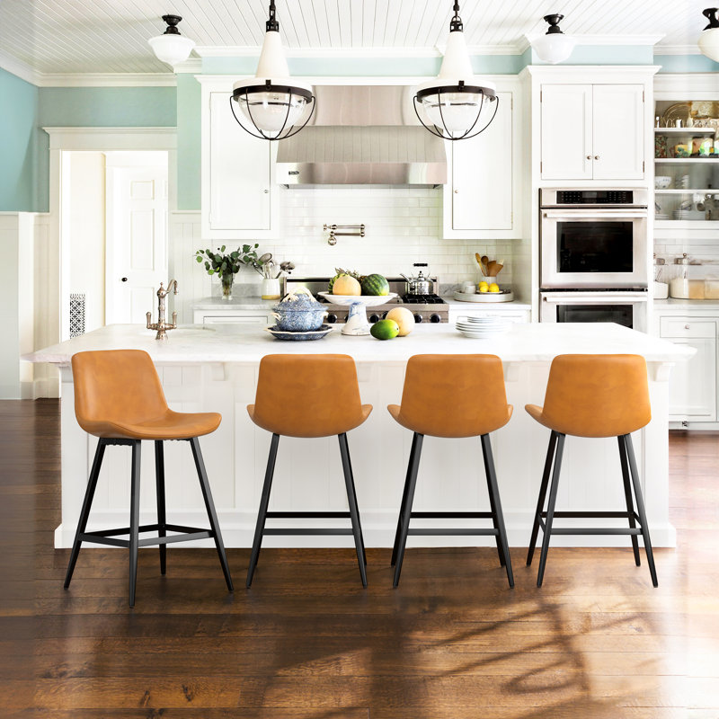 Whiskey Brown Faux Leather Counter Stools with Metal Legs, Set of 4
