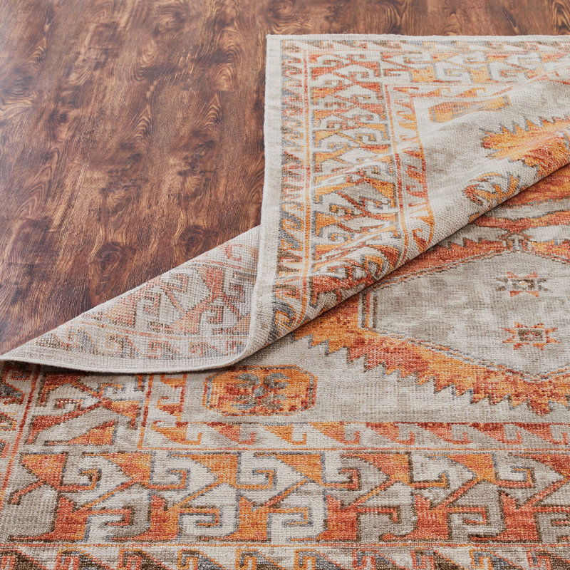Tribal Elegance Orange/Rust/Grey Hand-Knotted Wool Area Rug, Rectangle 4' x 6', Orange