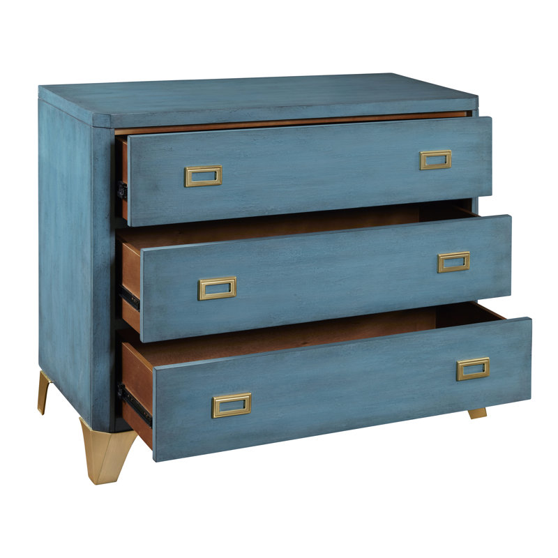 Turquoise Blue Transitional 3-Drawer Accent Chest with Gold Accents