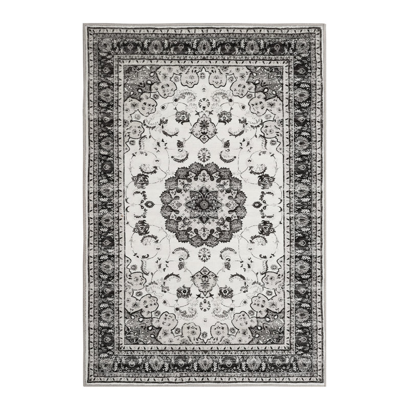 Washable Area Rug, Vintage Medallion Low Pile Non Slip Foldable Indoor Carpet, TPR Backing, Gray Tone, 4'x6', Gray