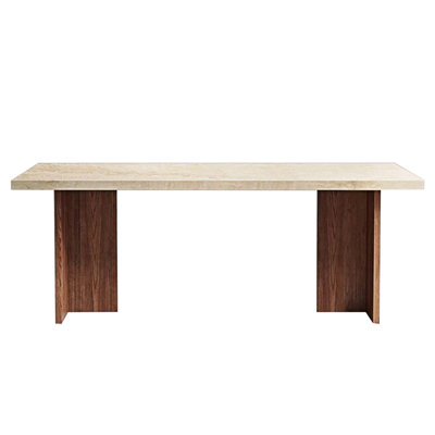 Table de salle à manger rétro avec pieds en bois de frêne et plateau en pierre frittée