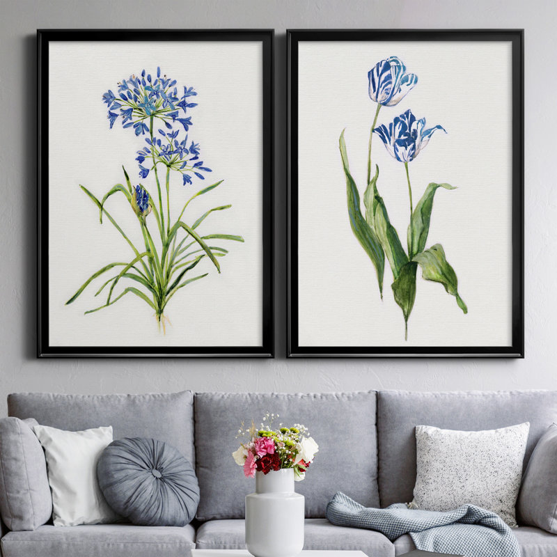 «Blue Lived Botanical I», ensemble de 2 reproductions d'art sur toile encadrées, H 26,5 po x l 73 po x P 1,5 po, Noir