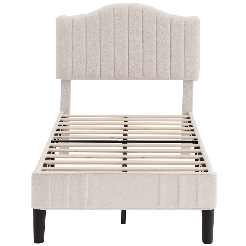 Aldora Twin Size Set Platform Bed with Adjustable Teddy Fabric Headboard, Beige