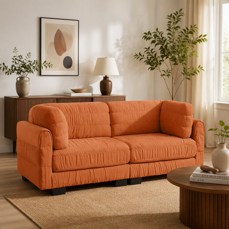 Canapé d'angle modulaire deux places en chenille à détails froncés, mousse haute densité, coussins de dossier épais en forme de L, montage facile, pour salon ou chambre, orange