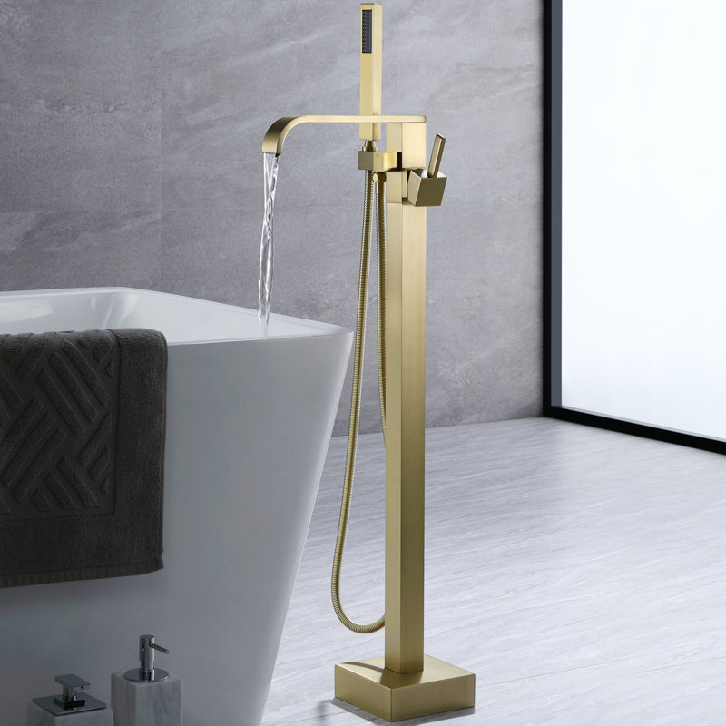 304 Stainless Steel Freestanding Tub Faucet With Handheld Shower, Brushed Gold
