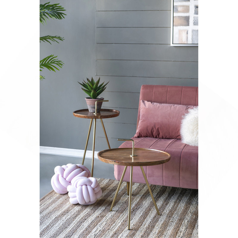 Table d'appoint en bois d'acacia avec pieds en acier à trépied, brun / or, 16 po x 23,5 po